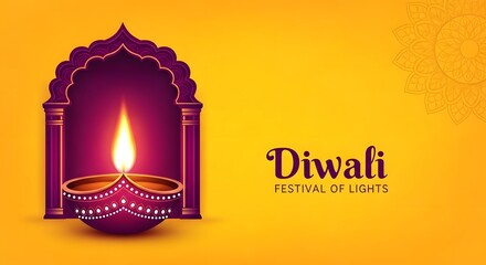Diwali festival of lights a beautifully decorated diya lamp within an ornate purple archway against a vibrant yellow background, celebrating the auspicious occasion