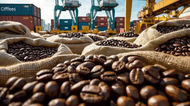 Large sacks filled with roasted coffee beans at international shipping port with cargo containers and cranes in background
