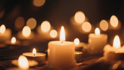 Many lit candles and warm candlelight glow in dark background, creating a peaceful and tranquil mood with bokeh lights