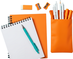 A turquoise pen rests on a white notebook with an orange notebook and pencil case stationery writing transparent background