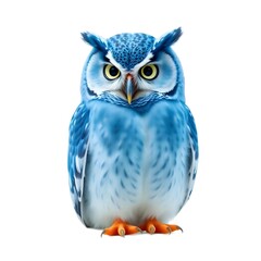 Obraz premium A majestic blue owl with intricate feather patterns and large round eyes is perched in the center of a crisp white background