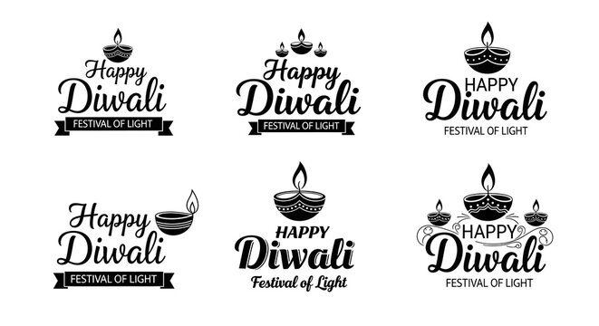 Collection of happy diwali typographic designs with traditional diya symbols, perfect for festive greetings and invitations for the festival of lights