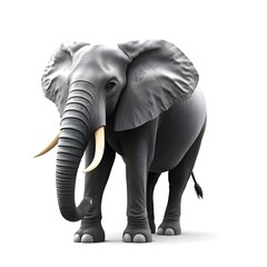 A large gray elephant with distinctive wrinkled skin and a long curved tusk stands prominently on a clean white background