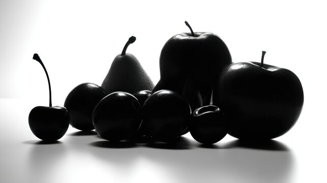 Dark fruit still life featuring apples pears plums and cherries