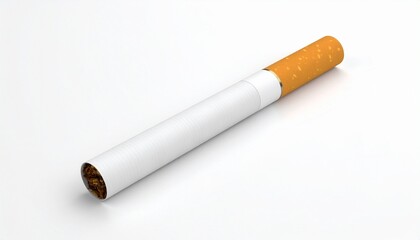 Single unused cigarette with white cylindrical body and brown perforated filter tip, placed diagonally on a plain white background