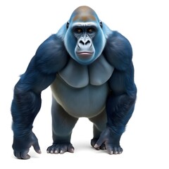 A large blue gorilla with vibrant electric blue fur and subtle darker blue shading, standing upright on a pristine white background