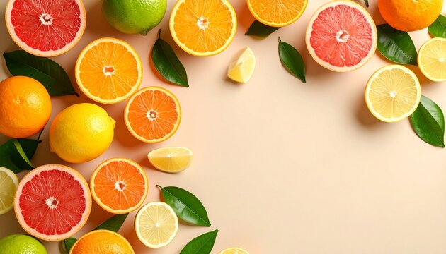 Assorted citrus fruits including oranges, grapefruits, lemons, limes, and tangerines arranged on a light beige background
