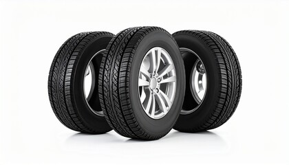 Three car tires with visible tread patterns mounted on silver alloy wheels, arranged in a row against a plain white background