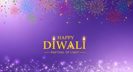 Happy diwali festival of light greeting with golden text, diyas, and colorful fireworks against a vibrant purple background