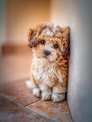 Lost Maltipoo puppy sitting by the wall with a concerned expression  