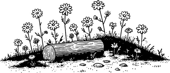 Obraz premium Minimalistic black and white nature scene with log and wildflowers