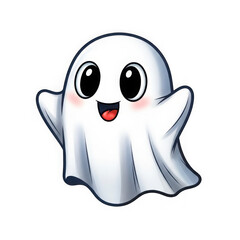 Obraz premium Cute cartoon ghost with big eyes and a happy smile on transparent background character isolated on a transparent background