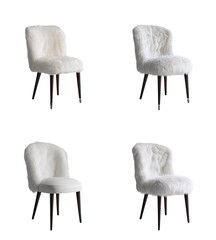 Four identical white sheepskin chairs, displayed in a grid format.  Each chair features a curved back, a simple seat, and dark-colored legs.  The sheepskin texture is visible