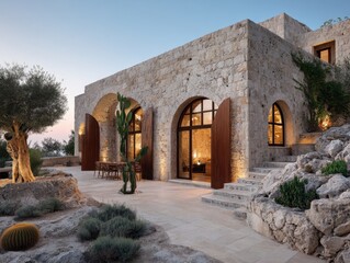 A large stone house with a large tree in front of it. The house has a large patio with a stone walkway and a small garden