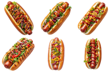 Set of tasty hot dogs with different fillings isolated on transparent background PNG