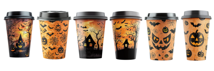 Set of coffee cups with Halloween print isolated on transparent background PNG