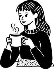 Fototapeta premium Minimalistic black and white illustration of a woman enjoying a warm drink for cozy design and decor