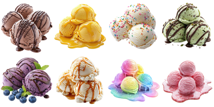 Set of different tasty ice cream balls isolated on transparent background PNG. Multicolored, chocolate, pistachio, caramel, mango, blueberry, vanilla, strawberry