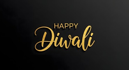 Happy diwali greeting with golden glitter calligraphy, diya, and festive sparkle on black background, celebrating the indian festival of lights