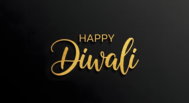 Happy diwali greeting with golden glitter calligraphy, diya, and festive sparkle on black background, celebrating the indian festival of lights