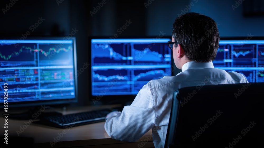 Poster Focused trader analyzing stock market data on multiple screens in a dimly lit office environment