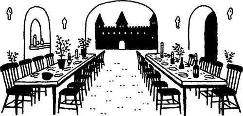Fototapeta premium Minimalistic black and white dining hall illustration with castle view