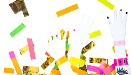 A collection of torn notebook papers featuring collage-style hands, stickers, scotch tape, and marker sketches.
