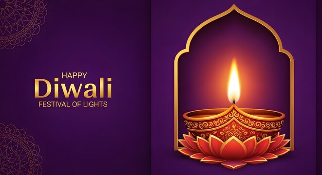 Happy diwali festival of lights with a traditional ornate diya lamp burning with a warm glowing flame inside an archway on a purple background with decorative patterns