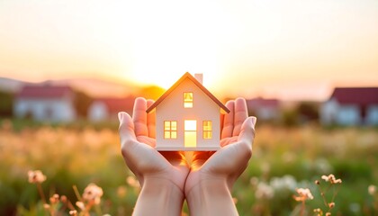 A miniature home, gently held in cupped hands, signifies a hopeful future in a warm sunset setting.