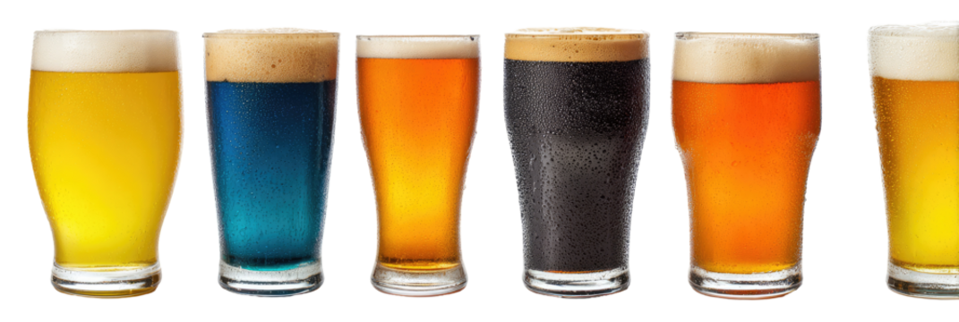 Colorful beer glasses, various hues