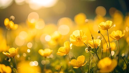 Sun-Kissed Yellow Buttercups Meadow: A Serene Floral Landscape with Warm Golden Light