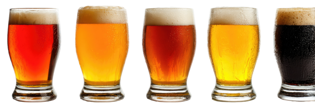 Four glasses of different beers, showcasing a spectrum of color