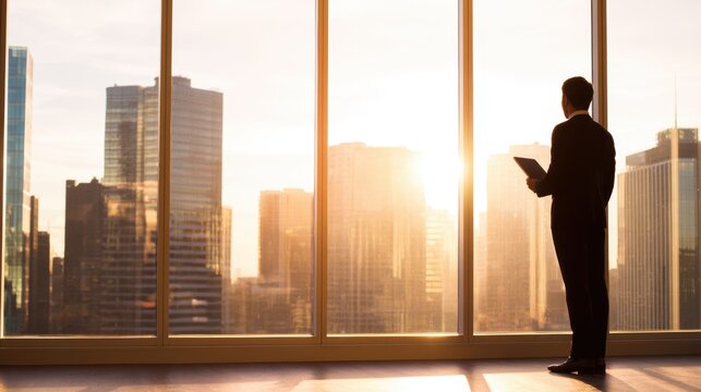 Business professional gazing at a sunset skyline from an office, reflecting on future opportunities