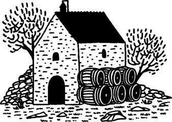 Fototapeta premium Minimalistic black and white illustration of a traditional cottage with barrels and trees