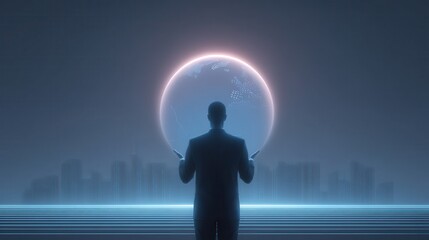 Fototapeta premium Visionary's Insight: A silhouetted figure stands poised, cradling a glowing sphere against a backdrop of a futuristic cityscape, conveying innovation and global interconnectedness.