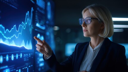 Professional woman analyzing data on a digital screen in a modern office environment at night