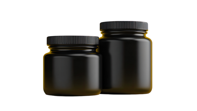 Two black plastic jars, different sizes, on a black background.  Glossy finish,  smooth surfaces,  simple design,  with screw-on lids.  Soft golden highlights