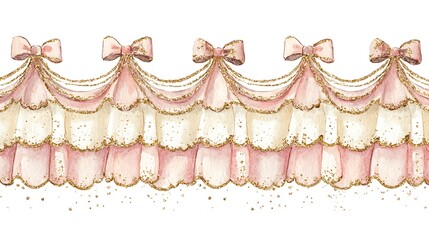 Elegant rococo style pink and cream ruffled valance with gold trim and bows