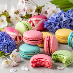 Fototapeta premium Pastel Macarons with Spring Flowers