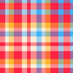 Vibrant plaid pattern. Red, blue, yellow and orange checkered design. Seamless texture, great for backgrounds, textiles, apparel, or graphic design projects.