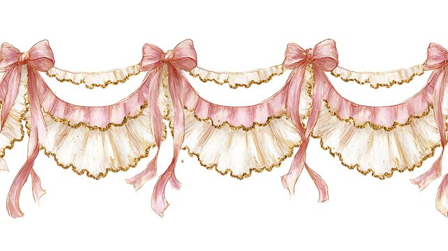 Elegant vintage pink and gold lace trim with delicate bows and ruffles