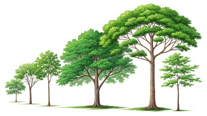 Green trees on white background forest and foliage PNG. AI GENERATED.

