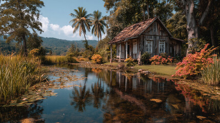 Obraz premium Old wooden house nearly the lake in the autumn forest.