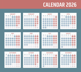 calendar for 2026 starts monday, vector calendar design 2026 year