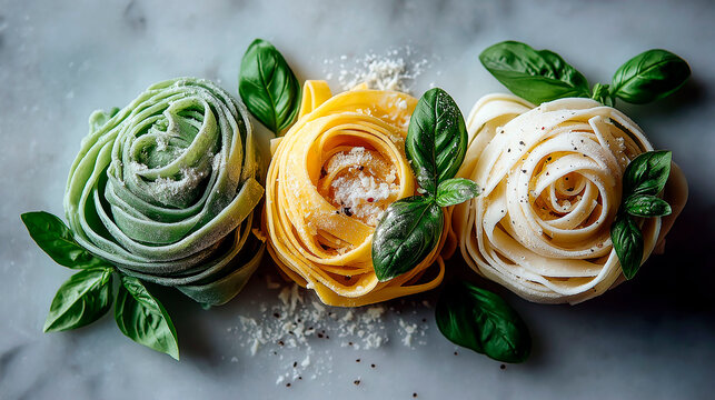 Colorful nests of fresh pasta with basil and parmesan on marble background