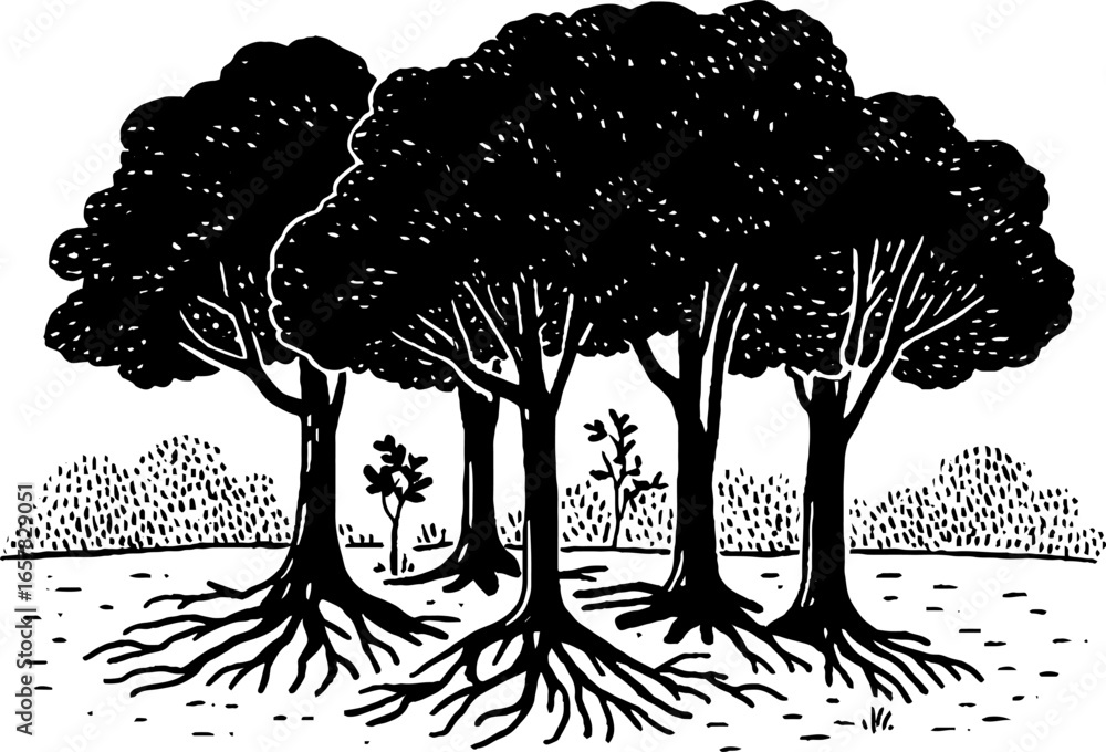 Poster minimalistic black and white illustration of trees with exposed roots in a forest setting