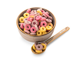 Bowl and spoon with colorful sweet cereal rings on white background