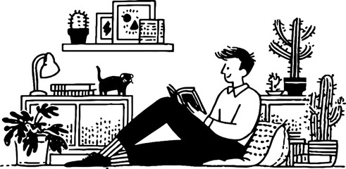 Minimalistic black and white illustration of relaxed reading in cozy home setting