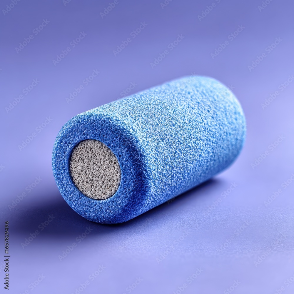 Poster close up of a small, blue cylindrical object with a textured surface and a gray circular detail on o