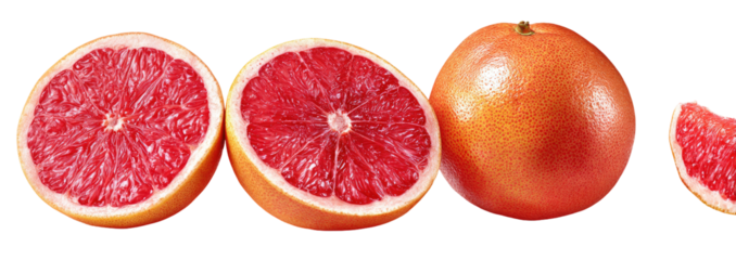 Close-up of grapefruit slices against a black background.  Slices show vibrant red flesh and pale yellow/orange inner rind.  Whole grapefruit and a sectioned slice are also visible